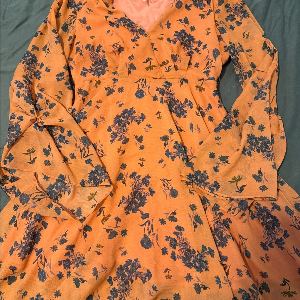 Free People Coral  Floral V-Neck Dress with Bell Sleeves
